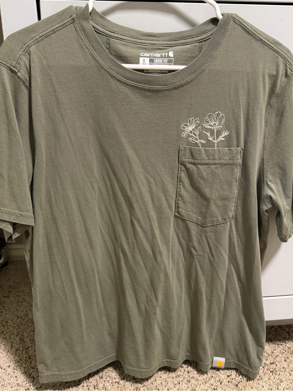 Carhartt Olive Green Short-Sleeve Pocket Tee with Floral Outline